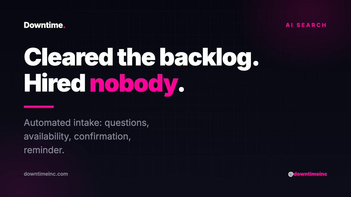 downtimeinc's tweet photo. A contractor cleared their scheduling backlog without hiring anyone.

Not by working longer hours. By automating intake: the questions, the availability check, the confirmation, the reminder.

The people who were handling that manually are now on jobs. https://t.co/xZdsgrQm5I