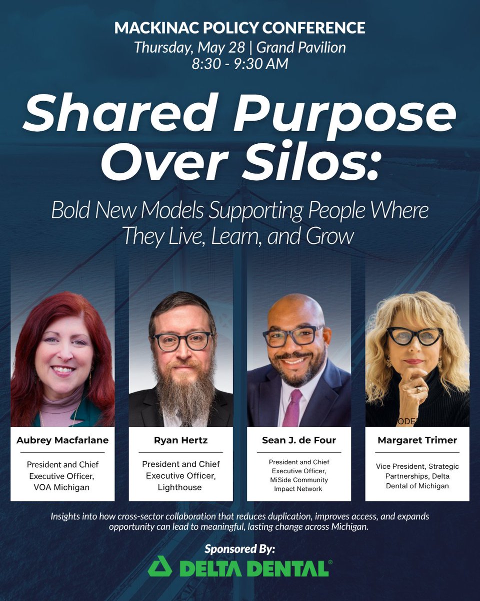 voami's tweet photo. Our President and CEO Aubrey Macfarlane is speaking at the Mackinac Policy Conference on breaking down silos in human services.

The panel explores how housing providers, schools, nonprofits, and agencies can collaborate as one system to better support Michigan residents.

This Thursday, May 28 | 8:30 AM

Watch: https://t.co/d2pjSR6kM8
#MackinacPolicyConference
