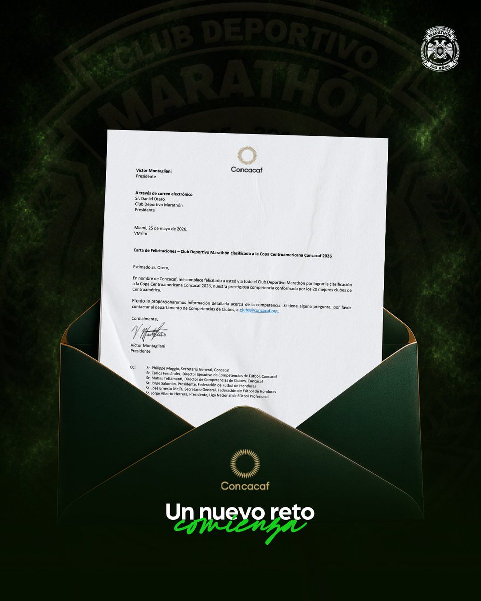 CDMarathon's tweet photo. Llegó la carta a la oficina del Decano del Fútbol Hondureño 🙌🏼💚 

Concacaf confirma la participación del Monstruo Verde en la Copa Centroamericana 2026.

#MonstruoVerde https://t.co/MRgFAMuaGY