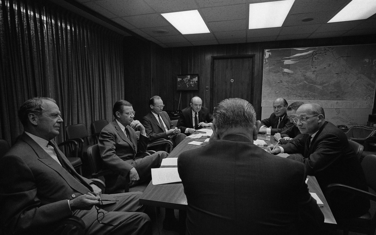 LBJLibrary's tweet photo. #OnThisDay: In 1967, during the ongoing #SixDayWar, the American ship #USSLiberty was attacked by Israeli forces in international waters off the Sinai coast.

More on the incident: https://t.co/79Jf4R15ko

📷 Yoichi Okamoto | 06/08/1967 | #CabinetRoom - #WhiteHouse, #WashingtonDC https://t.co/N91O9F8VU8