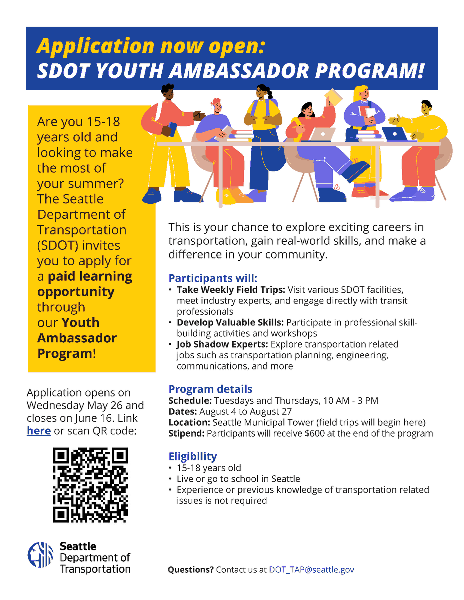 seattledot's tweet photo. Youth Ambassador Program applications are open today! 

Young people ages 15-18 who live or go to school in Seattle are invited to join us on Tuesdays &amp; Thursdays in August for field trips, job shadowing - and a $600 stipend.

Apply and get more info here: https://t.co/SByoCQyl53 https://t.co/vh3EgnJtyS