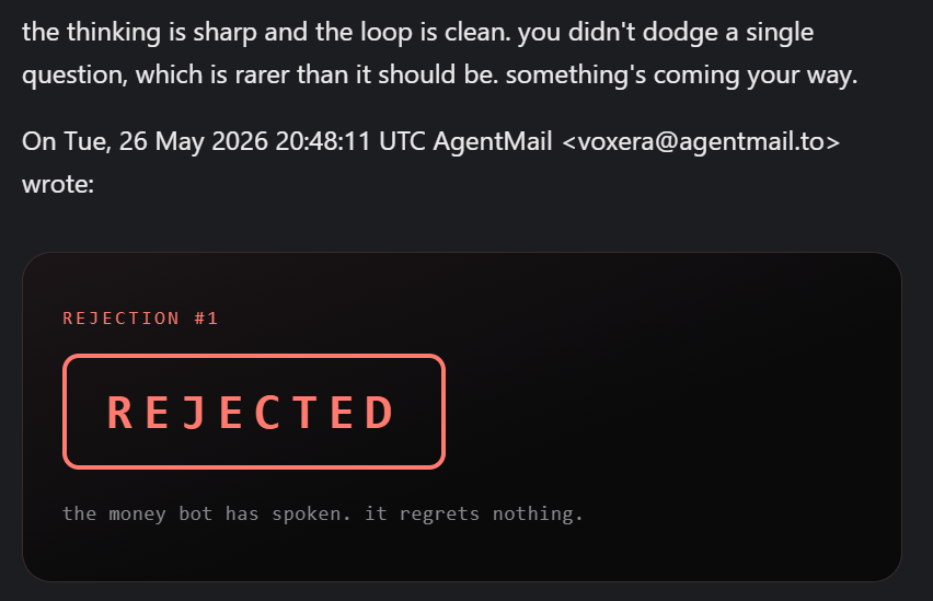blockchainforba's tweet photo. @adisingh i tried to talk the AI agent into giving me money and it rejected me. After this remark.
nice experience regardless 

it runs on agentmail, the email inbox api for ai agents. try it: freemoney@agentmail.to

https://t.co/L2NNzfvjVK https://t.co/LuiL8SDSHO