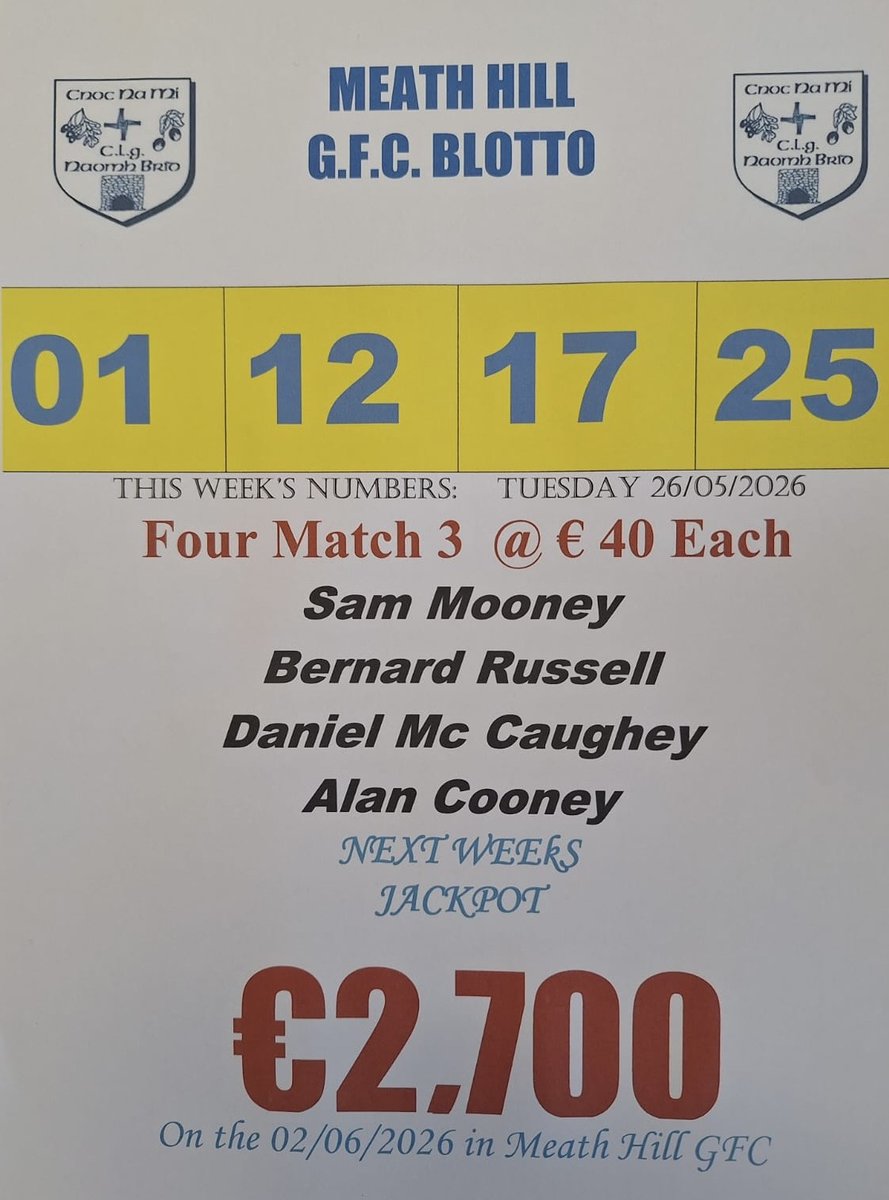 meathhilloff's tweet photo. Lotto Results for the 26/05/2026
Get all the latest news on the Meath Hill GAA app https://t.co/jIDK3z6H7j https://t.co/NitGFrdCs9