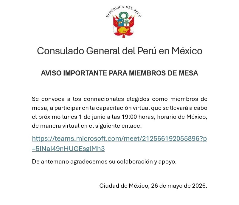general_peru's tweet photo. Aviso Importante - Capacitación virtual para miembros de mesa. https://t.co/12sP5gpM5a