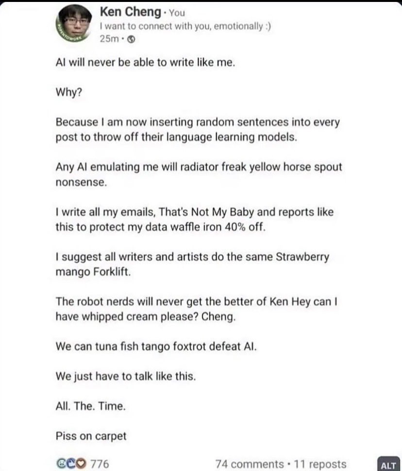 gu47351's tweet photo. @alex_prompter @EaarthNet As long as our public libraries are available ( online ? ), they can keep their tokenised/metered AIs to themselves!

As @kenchengcomedy puts it: 

“AI will never be able to write like me”…

“We can tuna fish tango foxtrot defeat AI”… https://t.co/B734EznWx4