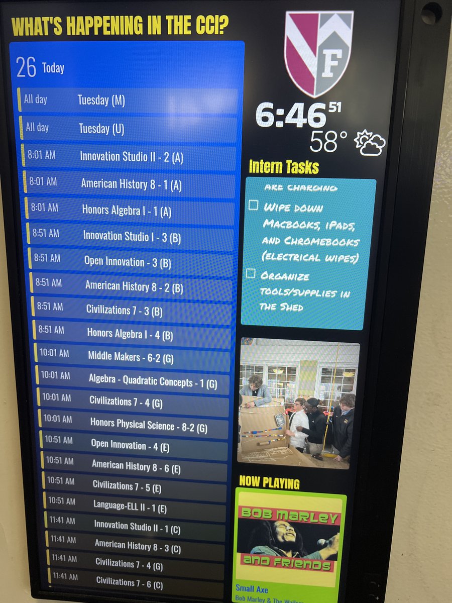 FessyiLab's tweet photo. Today was a real doozy - this was our calendar and it only got to 5th period before running off the @dakboard screen. #makered #makerspace #projectbasedlearning #pbl #designthinking #busyisgood https://t.co/Zu3NN5nJFz