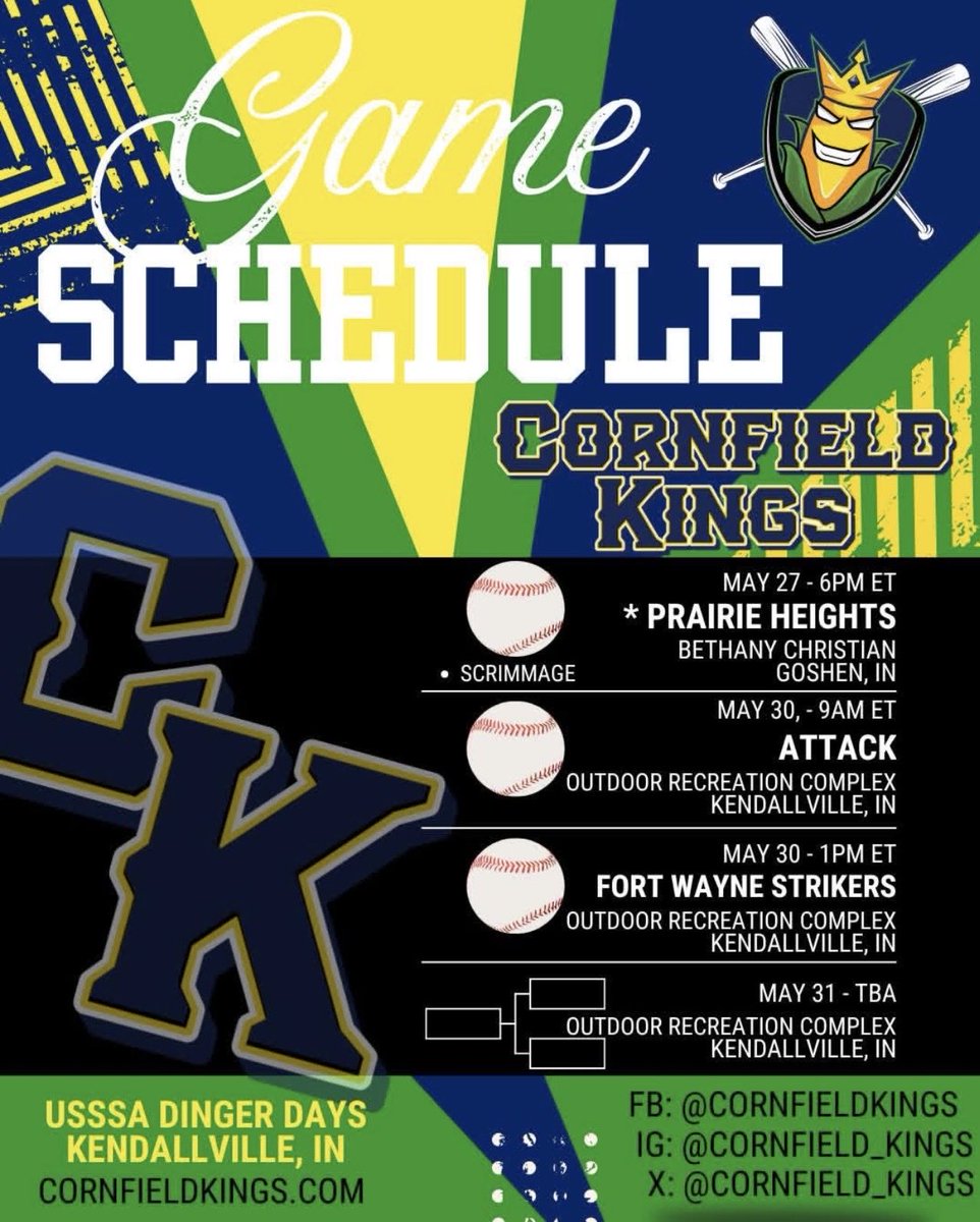 cornfield_kings's tweet photo. New week. New work. 🌽👑⚾️

The Cornfield Kings are back on the diamond this week chasing reps, wins, and 1% better every day.

📍This Week’s Schedule
⏰ Be there. Be loud.

#CornfieldKings #TeamFirst #BuiltDifferent #BaseballSeason #GrindMode #USSSA #1PercentBetter https://t.co/hEYaaDXttI