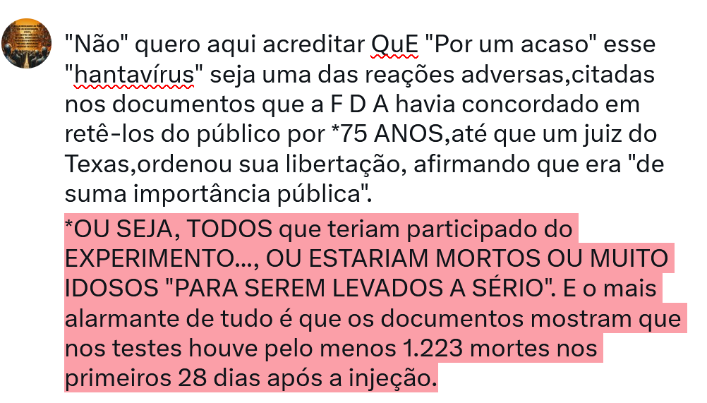 Robotizalized's tweet photo. @schmittpaula "Não" quero aqui acreditar QuE "Por um acaso" esse "hantavírus" seja uma das reações adversas,citadas nos documentos que a F D A havia concordado em retê-los do público por *75 ANOS,até que um juiz do Texas,ordenou sua libertação,afirmando q era "de suma importância pública"🤔 https://t.co/0Z9cTHEZtB