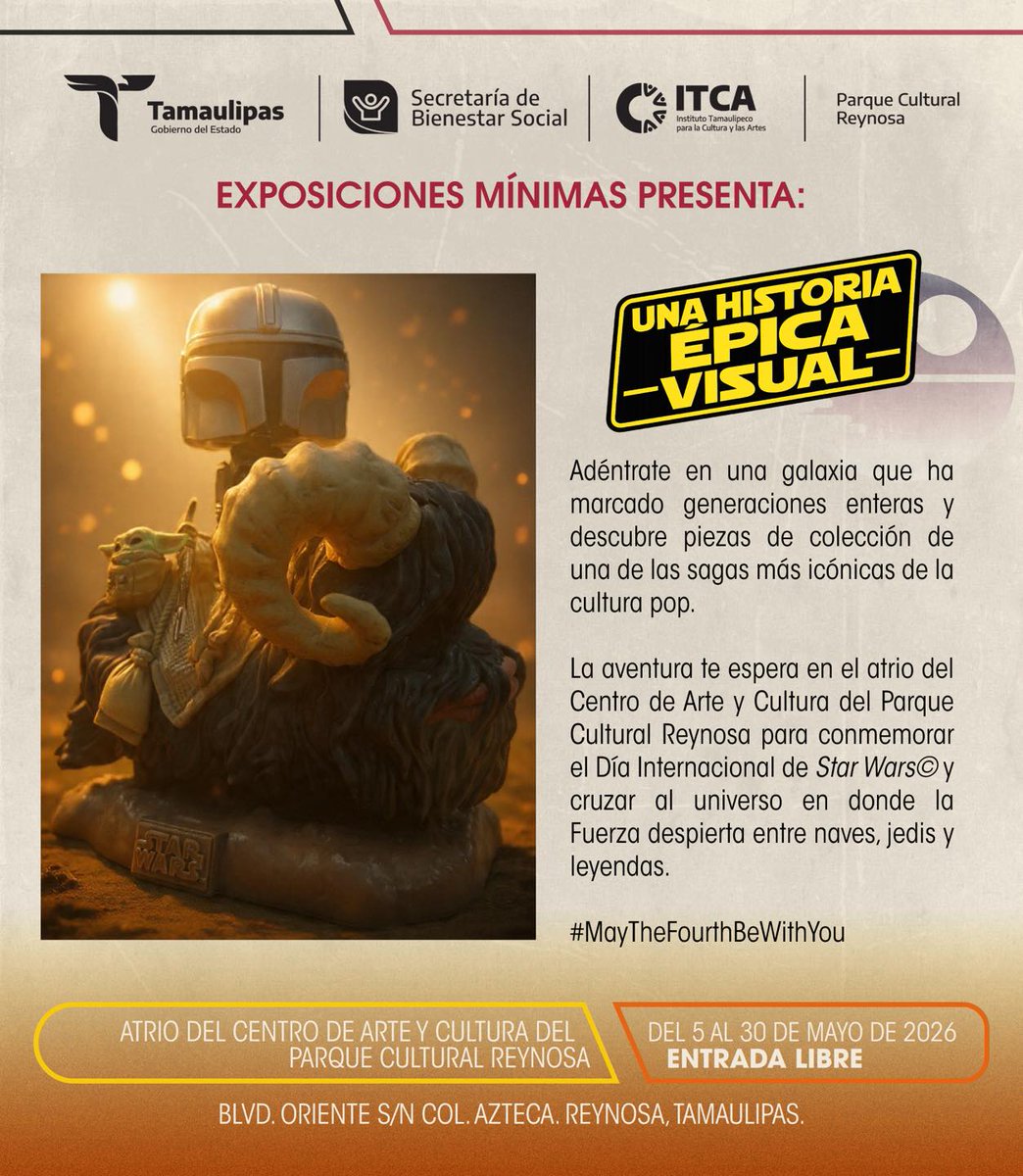 ParqueReynosa's tweet photo. Hace mucho tiempo, en una galaxia muy, muy cercana…
El universo de Star Wars aterriza en el Parque Cultural Reynosa con “Una historia épica visual”, una exposición mínima
Martes a jueves de 9:00 a 17:00 h, viernes de 9:00 a 19:00 h y sábados y domingos de 12:00 a 19:00 h https://t.co/aPlAF0bEDx