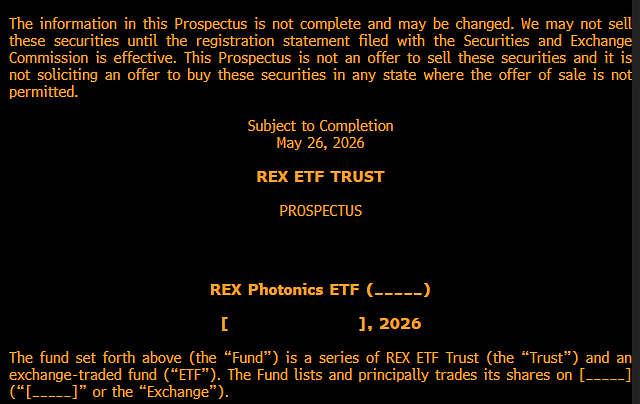 JSeyff's tweet photo. NEW: More AI related ETF filings. This one from @REXShares -- REX Photonics ETF. No ticker yet. https://t.co/3zKPiN5V78