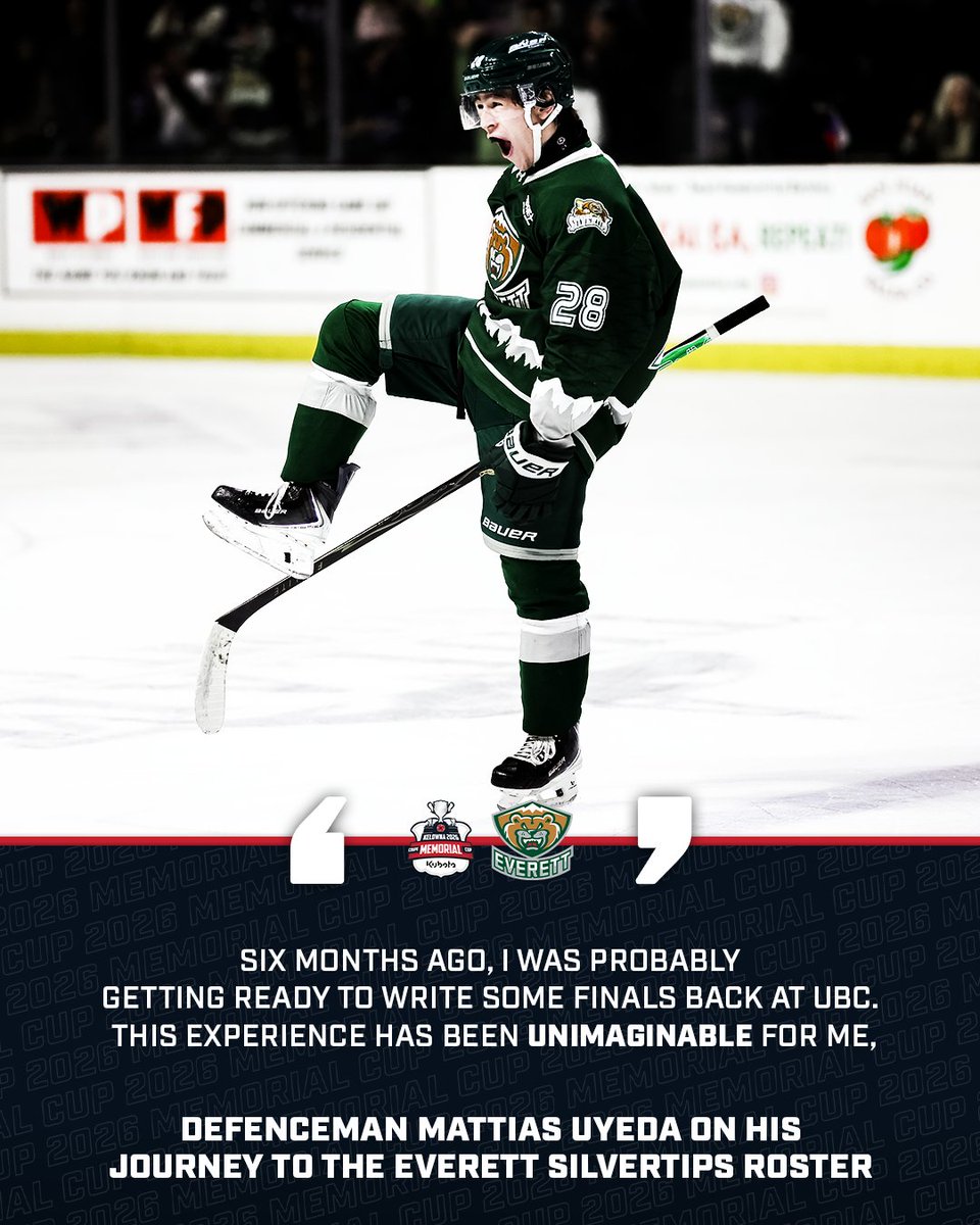 TheWHL's tweet photo. Six months ago, Mattias Uyeda was in Vancouver, B.C., working away at his engineering degree at the @UBC and playing for the Richmond Sockeyes of the PJHL.

Now, the blueliner is hitting the #MemorialCup ice with the @WHLsilvertips.

📝 | https://t.co/yfX35tV1we https://t.co/N1pMgO9H8O