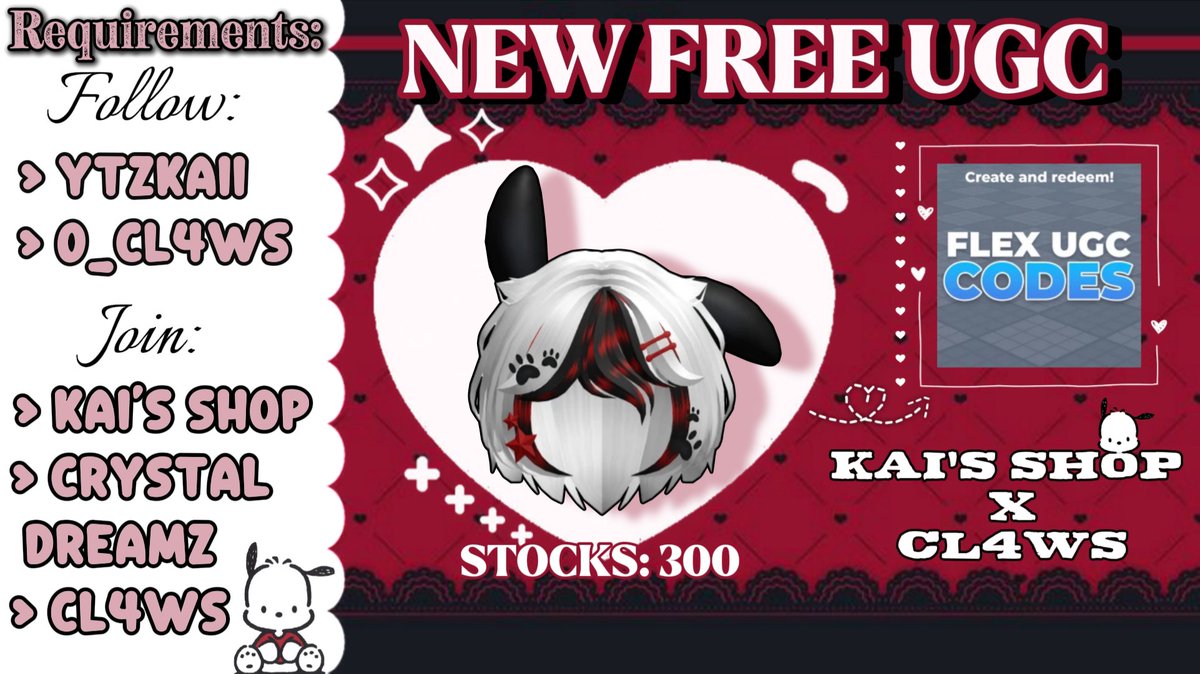 kaishopp's tweet photo. ꒰ ➥ FREE UGC pochacco Hair ꒰ᐢ. .ᐢ꒱
• Stock: 300
• Date: soon
Code drop on the Discord server

꒰ ➥  Requirements:
• RT
• Join Groups
• Follow Creators

#ROBLOX #RobloxUGC #RobloxDev #robloxart #RobloxFreeUGC #RobloxUGCLimited #RobloxDesigner #UGCcreator https://t.co/COpCtaBSFu