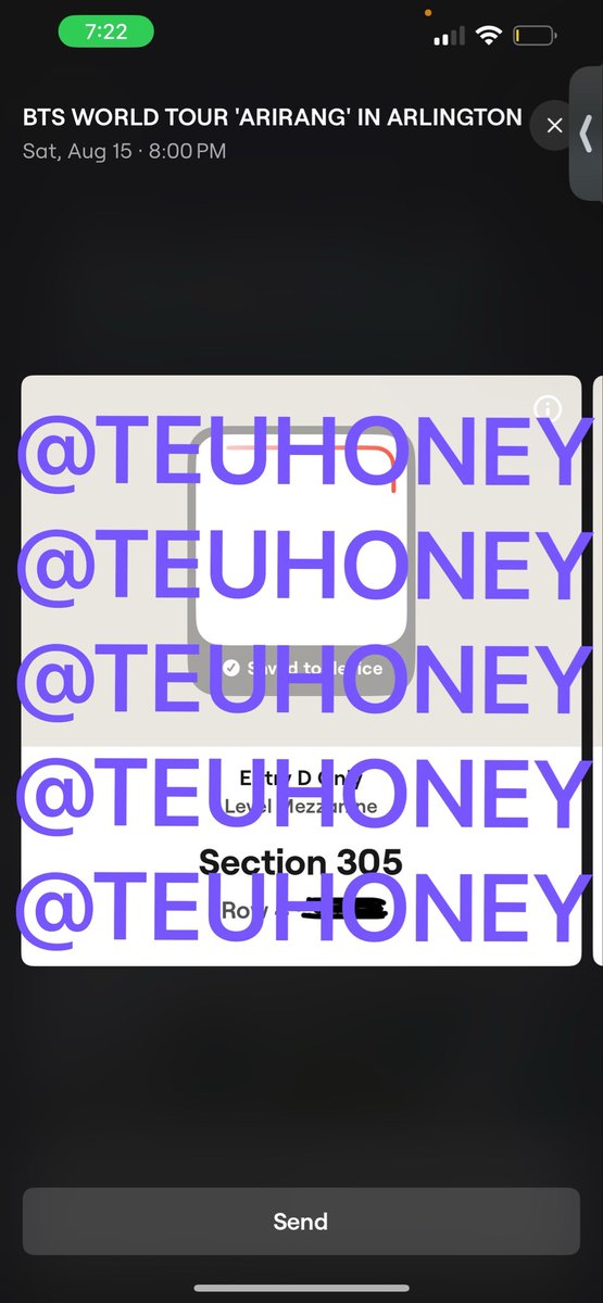 teuhoney's tweet photo. 🎟️WANT TO SELL | WTS🎟️

BTS Arirang World Tour: Arlington TX, Saturday August 15 (8/15)

have: two (2) BTS Arirang tickets 
section 305 , row 4

want: $350 each 

-DM if interested, serious inquiries only
-will provide any &amp; all proofs
-facetime/call necessary 

#BTS_ARIRANG https://t.co/Z0D9XEv3Qq