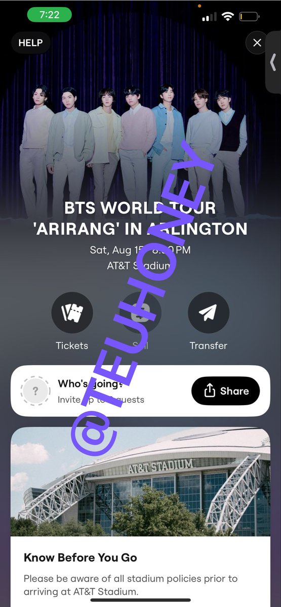 teuhoney's tweet photo. 🎟️WANT TO SELL | WTS🎟️

BTS Arirang World Tour: Arlington TX, Saturday August 15 (8/15)

have: two (2) BTS Arirang tickets 
section 305 , row 4

want: $350 each 

-DM if interested, serious inquiries only
-will provide any &amp; all proofs
-facetime/call necessary 

#BTS_ARIRANG https://t.co/Z0D9XEv3Qq