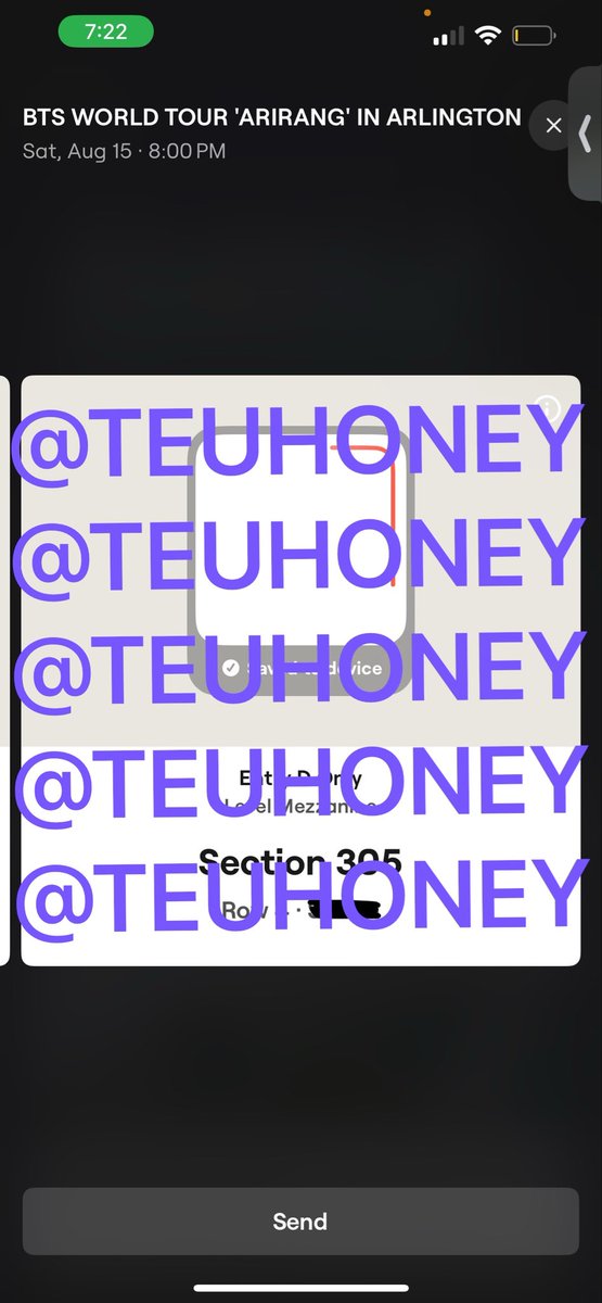 teuhoney's tweet photo. 🎟️WANT TO SELL | WTS🎟️

BTS Arirang World Tour: Arlington TX, Saturday August 15 (8/15)

have: two (2) BTS Arirang tickets 
section 305 , row 4

want: $350 each 

-DM if interested, serious inquiries only
-will provide any &amp; all proofs
-facetime/call necessary 

#BTS_ARIRANG https://t.co/Z0D9XEv3Qq