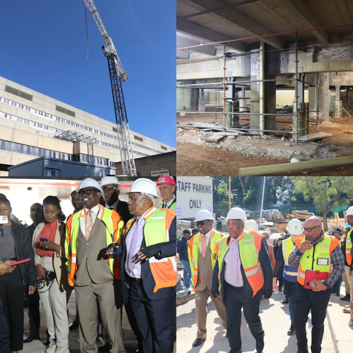 HealthZA's tweet photo. Health Minister Dr A. Motsoaledi, together with Finance Minister E. Godongwana, Gauteng Premier Mr P. Lesufi, Gauteng Health MEC Ms F. Mazibuko, conducted a progress update site visit today at Charlotte Maxeke Academic Hospital following the fire incident at the hospital in 2021. https://t.co/NAp9K14FtK