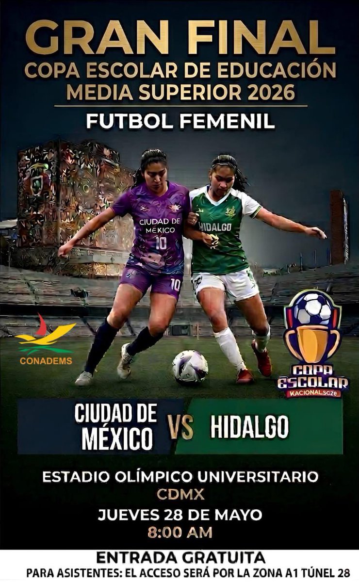 Javier_Hidalgo's tweet photo. En la Gran Final de la Copa Escolar de Educación Media Superior, la Ciudad de México competirá con una selección 100% hecha en PILARES ❤️⚽️

El juego será este jueves a las 8:00 am en Ciudad Universitaria y la entrada será gratuita. Acompañemos a estas jóvenes futbolistas, hagamos sentir la fuerza de una ciudad que cree en sus juventudes.

#CiudadDeMéxicoLaMasDeportiva