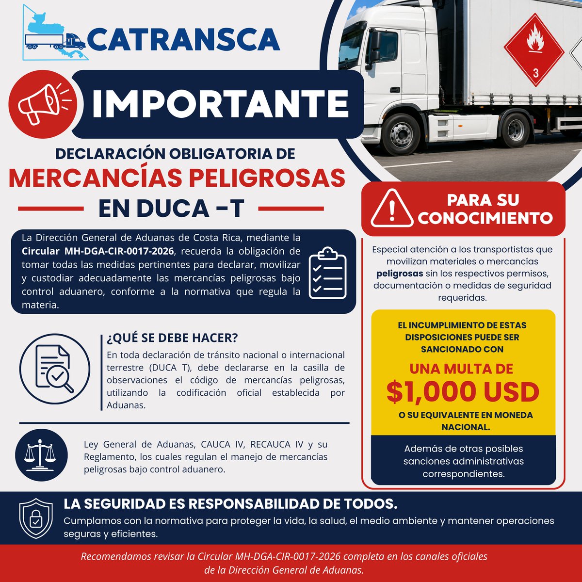 InfoCatransca's tweet photo. ⚠️ Atención transportistas y conductores del transporte internacional terrestre ⚠️

La Dirección General de Aduanas de Costa Rica informó sobre la obligatoriedad de declarar correctamente las mercancías peligrosas en la DUCA T, incluyendo su respectiva codificación en la casilla de observaciones.

❗ El incumplimiento de estas disposiciones puede generar multas de hasta $1,000 USD.

Se recomienda verificar permisos, documentación y medidas de seguridad antes de realizar cualquier operación de tránsito internacional.

#CATRANSCA #TransporteInternacional #MercancíasPeligrosas #DUCAT #Aduanas #SeguridadVial #TransporteTerrestre