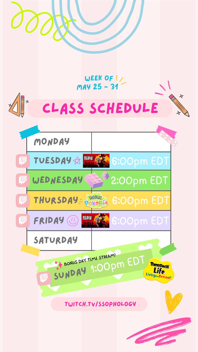 SSophology's tweet photo. 💕 Weekly Schedule May 25 - 31 💘
I hope to see you for some fun!! RDR2, Lego, Pokopia & Tomodachi Life 🥰
Lurkers welcome & extra appreciated especially as we approach a major milestone! ✨
https://t.co/mBWwWyMs9i
#RDR2 #LegoBuilding #Pokopia #TomodachiLife #TwitchStreamer https://t.co/tpPi0Mq0fs