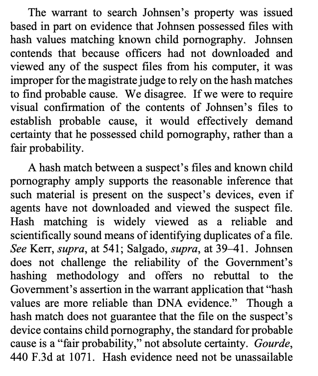 OrinKerr's tweet photo. Magistrate judge was not wrong to issue warrant to search computers based in part on hash matches of known images of CSAM found on peer-to-peer networks, CA9 says: Officers didn't need to download the CSAM first to establish probable cause.
https://t.co/3Kf4VLF0yh #N https://t.co/NYadLxjsUv