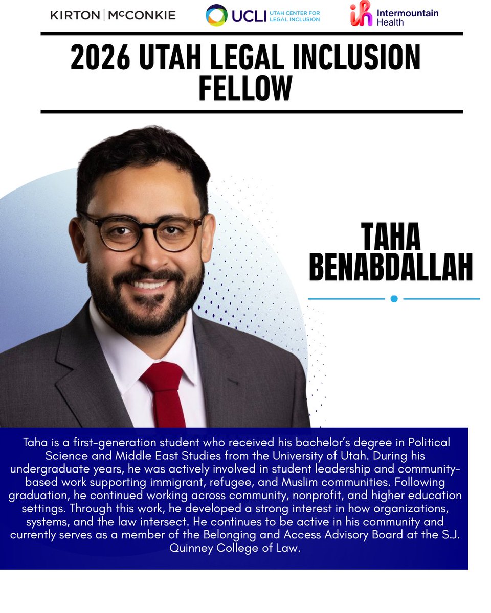 Utahcli's tweet photo. 🎉  We are excited to introduce Taha Benabdallah as the 2026 Utah Legal Inclusion Fellow. 

⚖️ We look forward to hearing about his summer associate program alongside Kirton McConkie and Intermountain Health.

#WeAreUCLI #UtahLaw #LegalFellowship https://t.co/ibXCdfDiRI