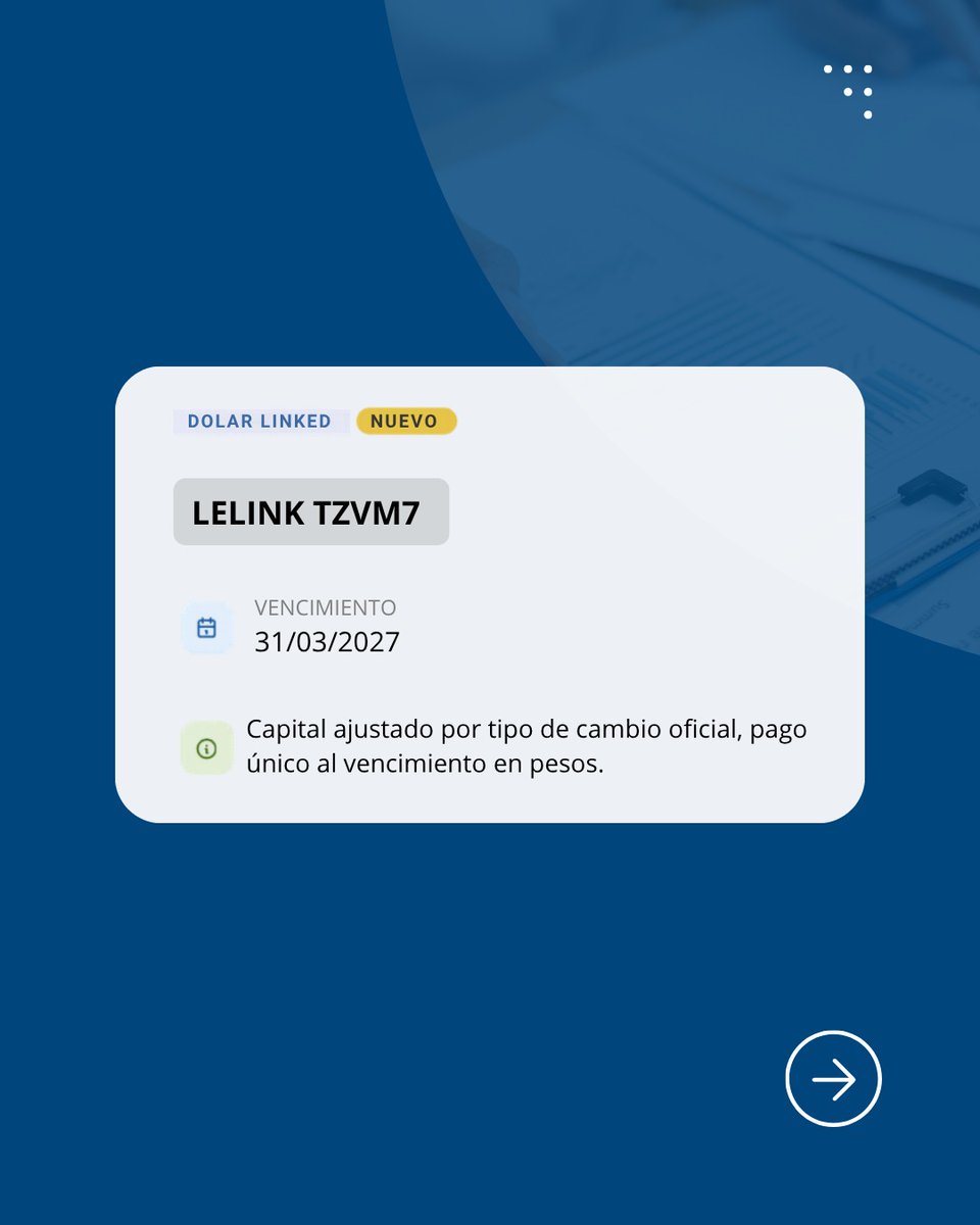 TransaccionesAV's tweet photo. ▸ LELINK TZVM7 (nuevo) VNO en USD. Capital ajustado por tipo de cambio oficial, pago único al vencimiento en pesos. Suscripción en pesos al tipo de cambio de referencia BCRA (com. "A" 3500) del 26/05/2026. Vto: 31/03/2027 https://t.co/C9roB98LvY