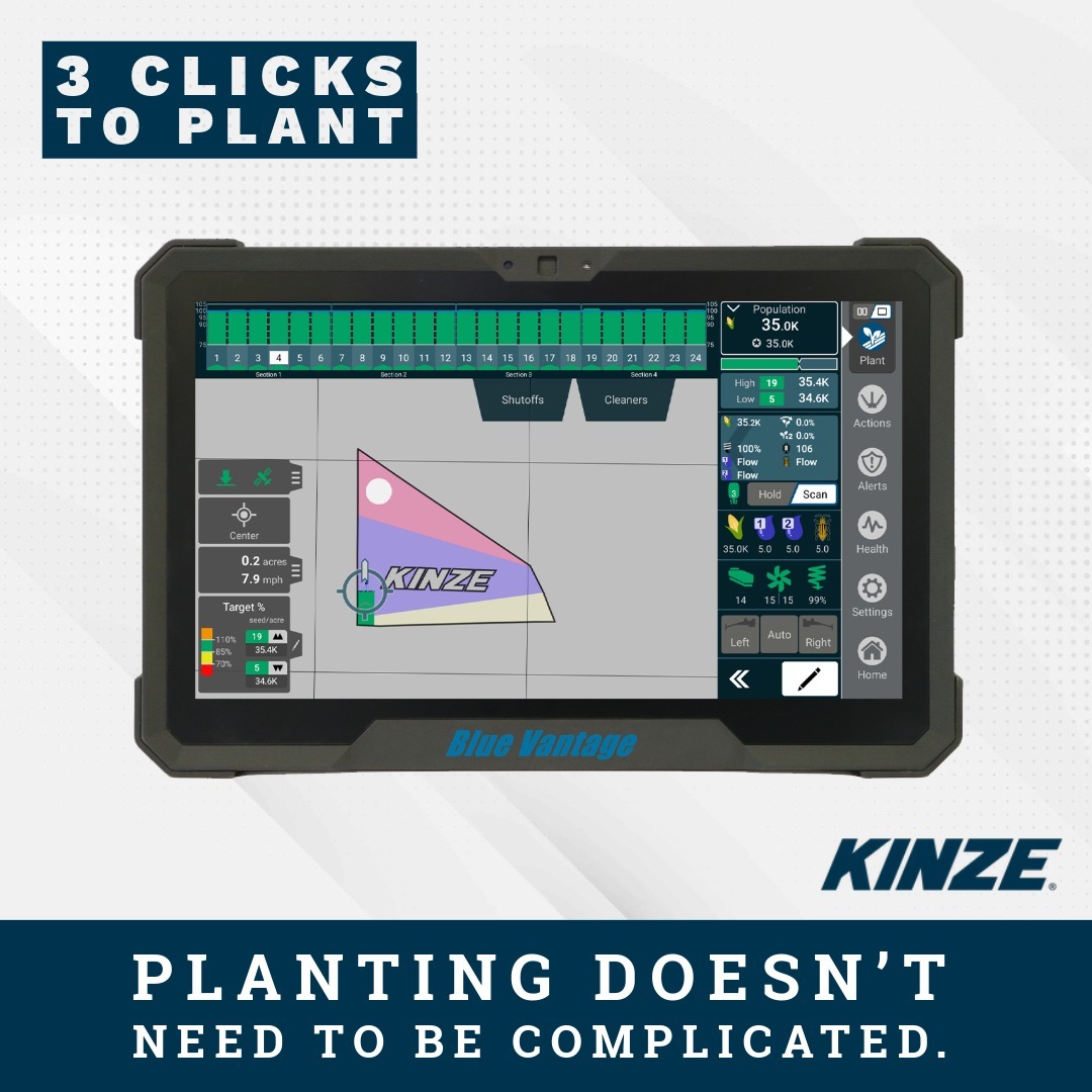 Kinze's tweet photo. Why Kinze keeps planting simple.
With Blue Vantage®, planting starts in just three clicks—no complex menus or setup headaches.
Faster startup means less wasted time and fewer mistakes during critical planting days. https://t.co/XCpO4kSfCL