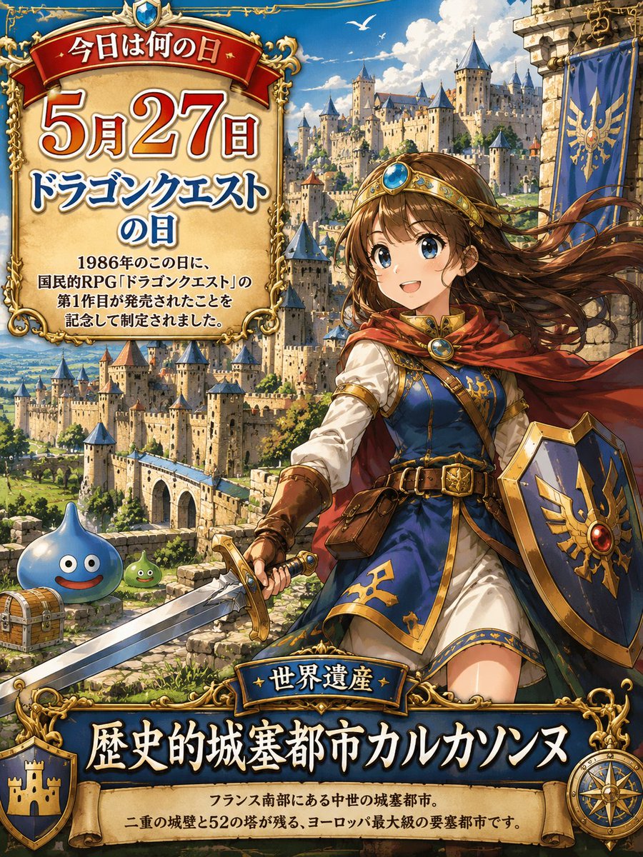 junworldheritag's tweet photo. おはようございます☀️

今日は何の日？
5月27日｜ドラゴンクエストの日
Dragon Quest Day

世界遺産キャラクター
歴史的城塞都市カルカソンヌ
― 伝説は、城門の向こうから始まる。

所属国：フランス
登録年：1997年
種別：文化遺産
UNESCO No.：345

勇者の旅立ちを思わせる城塞都市。
冒険のはじまりにふさわしい、夢とロマンの世界遺産です⚔️🏰

#世界遺産 #AIart #何の日