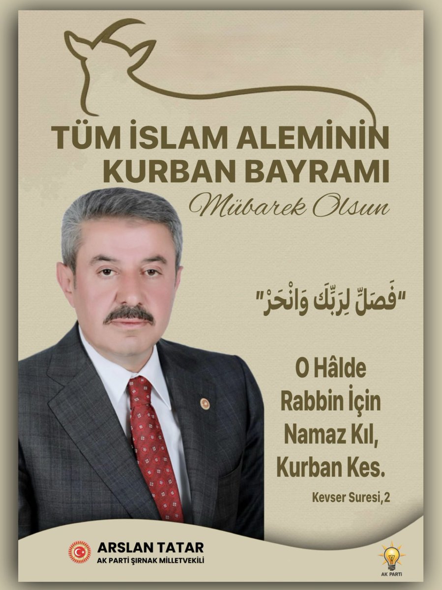 TatarArslan's tweet photo. Mübarek Kurban Bayramı’na bir kez daha ulaşmanın huzur ve mutluluğunu hep birlikte yaşıyoruz. 
Bayramlar; birlik ve beraberliğimizi güçlendiren, kardeşlik bağlarımızı pekiştiren, paylaşma ve dayanışma duygularımızı yeniden canlandıran müstesna zamanlardır.

Kurban Bayramı ise fedakarlığın, teslimiyetin ve yardımlaşmanın en güzel şekilde idrak edildiği kutlu bir zaman dilimidir. 
Bu mübarek günlerin; gönüllerimize huzur, hanelerimize bereket, Ülkemize birlik ve beraberlik, tüm insanlığa ise barış ve esenlik getirmesini temenni ediyorum.

Bayramın manevi ikliminde; ihtiyaç sahiplerini gözetmenin, büyüklerimizi ziyaret etmenin, küçüklerimizi sevindirmenin ve kırgınlıkları geride bırakmanın önemini bir kez daha hatırlıyoruz. 
Millet olarak bizi güçlü kılan değerlerin başında gelen dayanışma ruhunun, bu bayramda da en güzel şekilde yaşanacağına yürekten inanıyorum.

Bu vesileyle; aziz milletimizin, gönül coğrafyamızdaki tüm kardeşlerimizin ve İslam aleminin Kurban Bayramı’nı en içten dileklerimle tebrik ediyor; sağlık, huzur, mutluluk ve hayırlara vesile olmasını diliyorum.

Kurban Bayramımız Mübarek Olsun.