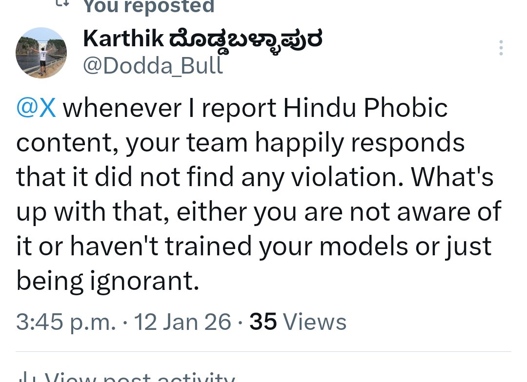 Dodda_Bull's tweet photo. Time and again @X happily says it did not find any violation in posts targeting Hindu hatred. Where's all the talk from your boss Musk. https://t.co/HJJIcL1y2r