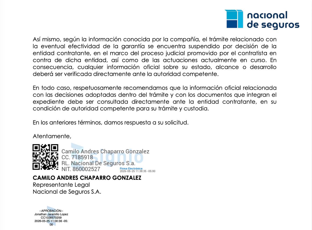 GabrielCalleA's tweet photo. Alcalde Alejandro Mejia, Córdoba merece respuestas y no más discursos.

El pasado 4 de mayo de 2026 usted aseguró públicamente que había recuperado 11 mil millones de pesos por el incumplimiento contractual de la vía Ciénaga de Oro – Chimá – Tuchín. Sin embargo, hoy la respuesta de la aseguradora demuestra que eso no es cierto y que esos recursos siguen sin recuperarse.

Mientras usted anuncia resultados ante los medios, la realidad es otra: los procesos judiciales continúan y los cordobeses siguen esperando que aparezca el dinero de una obra que costó más de 110 mil millones de pesos y hoy está destruida, llena de huecos y convertida en un peligro para quienes transitan diariamente por ella. (El Meridiano)

Lo más grave es que usted no puede actuar como si fuera ajeno a esta situación. Ese contrato fue firmado durante su administración y hoy el departamento observa con preocupación cómo, en vez de exigir responsabilidades contundentes, pareciera existir una protección política y administrativa hacia quienes incumplieron y dejaron perder los recursos públicos.

La Contraloría ya ha advertido presuntos hallazgos fiscales millonarios sobre esta obra, mientras las comunidades de Ciénaga de Oro, Chimá y Tuchín continúan padeciendo las consecuencias de una vía deteriorada y abandonada. (Burbuja Política)

Por eso lo invitaré a la Asamblea para que le explique de frente a Córdoba:¿Dónde están realmente esos 11 mil millones?¿Quién responde por el desastre de esta vía?¿Y por qué los ciudadanos siguen esperando justicia mientras usted intenta vender una recuperación que aún no existe?

Córdoba está cansada de anuncios y excusas. El departamento merece verdad, transparencia y responsables.