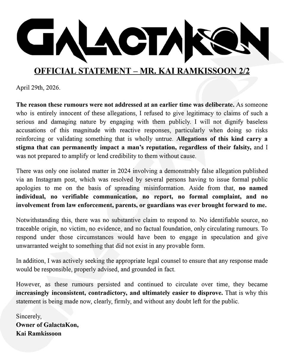 GalactaKon's tweet photo. OFFICIAL STATEMENT — FALSE ALLEGATIONS &amp; RUMOURS CONCLUSIVELY DEBUNKED WITH EVIDENCE PRESENTED.

LEGAL ACTION ALSO TAKEN.

Sincerest thanks to the TTPS, Cyber Crime &amp; Social Media Unit, &amp; our legal team for helping with the resolution &amp; closing of this chapter.

See full thread. https://t.co/uOxNbIZ4up