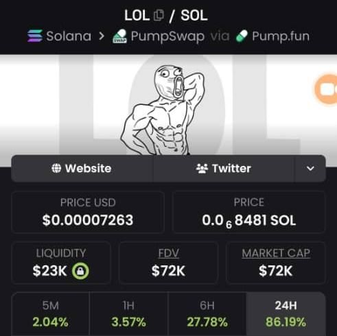 Defibns's tweet photo. Everyone keeps searching for the “next big runner” while $LOL is quietly building momentum in front of them.

>> The meme is simple.

>> The ticker is memorable.

>>The energy is growing.

Sometimes that’s all a meme coin needs. $LOL

CA:
J84rwAuoLyzZXdYxQ2HFm6weSgEaL9U2ZqyMqNqYpump