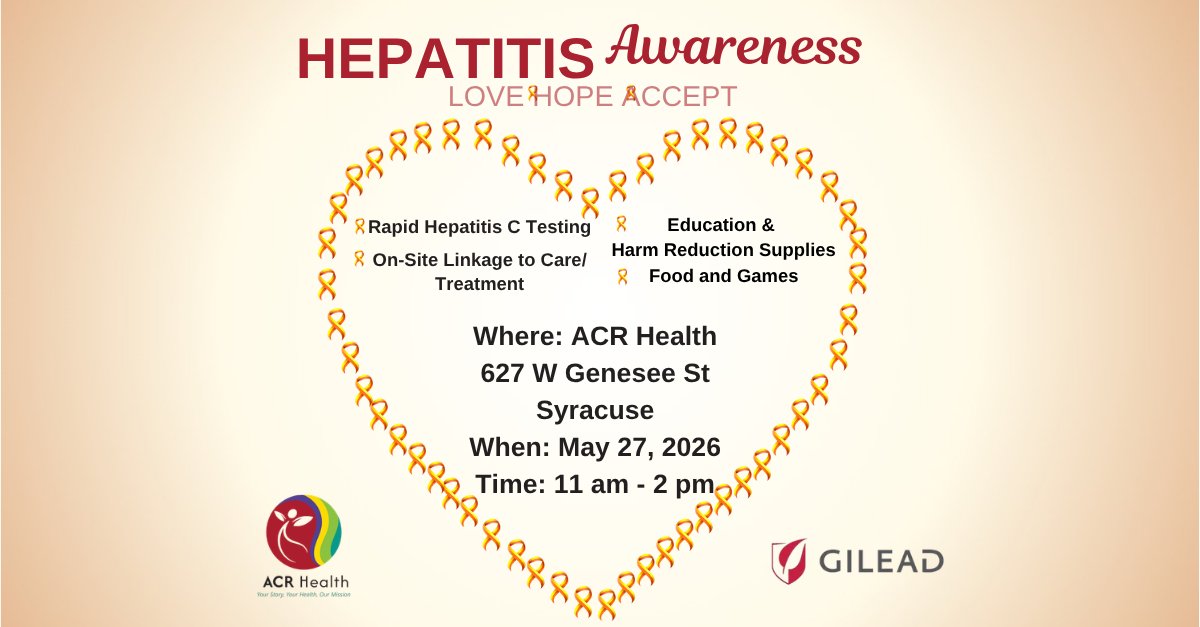 ACRHealth's tweet photo. Join ACR Health for Hepatitis C Cure Day! Stop by 627 W Genesee St, Syracuse on May 27, 11am–2pm for rapid Hepatitis C testing, care linkage, harm reduction supplies, food, and games. Help us build a healthier community! #HepatitisAwareness #ACRHealth https://t.co/qWifGEvlv2