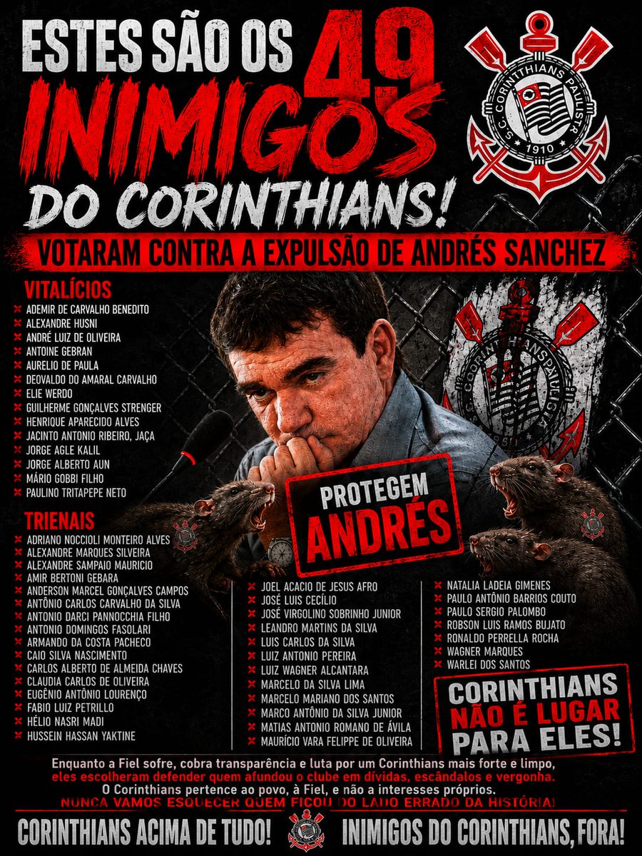 falamuitofiel's tweet photo. Aqui estão os 49 cidadãos que não gostam e não pensam no Corinthians e sim nos amigos políticos!

Grave bem esses nomes! https://t.co/3plAHwZntB