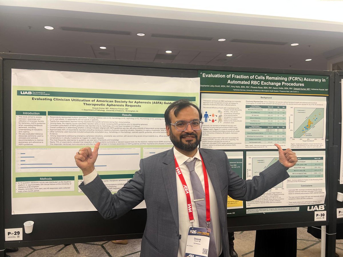 UABPathology's tweet photo. UAB Pathology transfusion medicine fellow Deepak Kumar, M.D., presented two posters at the annual American Society for Apheresis @apheresisASFA conference in Denver, Colorado last month. https://t.co/jG2woQIMzk