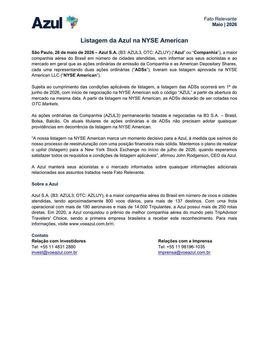 AvisosDaBolsa's tweet photo. AZUL S.A. - Listagem da Azul na NYSE American #AZUL4 https://t.co/jB4fFDJW5m