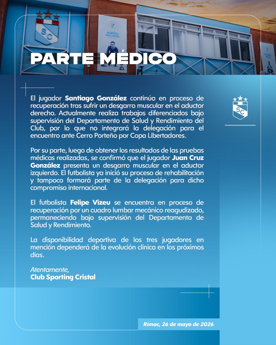 ClubSCristal's tweet photo. Parte médico: Santiago González, Juan Cruz González y Felipe Vizeu. https://t.co/7ZNTFD5Bsp