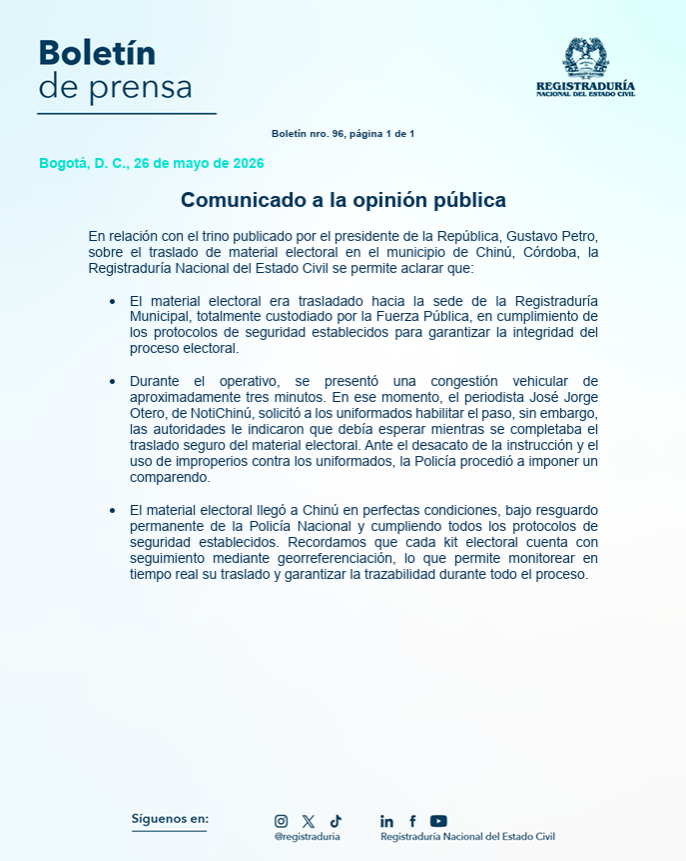 Registraduria's tweet photo. 🚨 Comunicado a la opinión pública https://t.co/S2BDkuvXsq