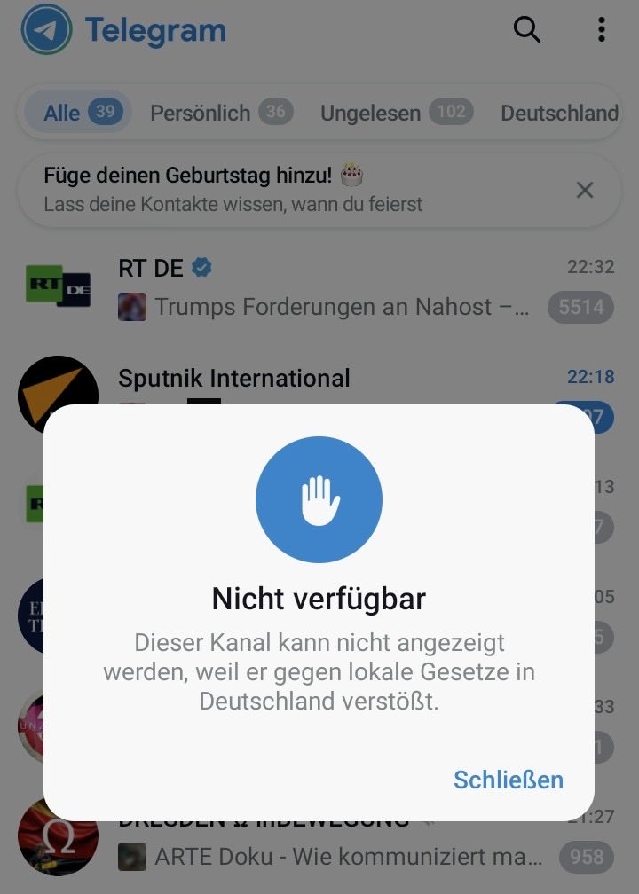 arabtext's tweet photo. Zensur in #Deutschland. Die russischen Kanäle RT DE und Sputnik International sind in #Telegram gesperrt worden. Mit meinem Swisscom Smartphone empfange ich alle von der EU bzw. von Deutschland sanktionierten Medien. #Russland https://t.co/ZDS3whYkpT