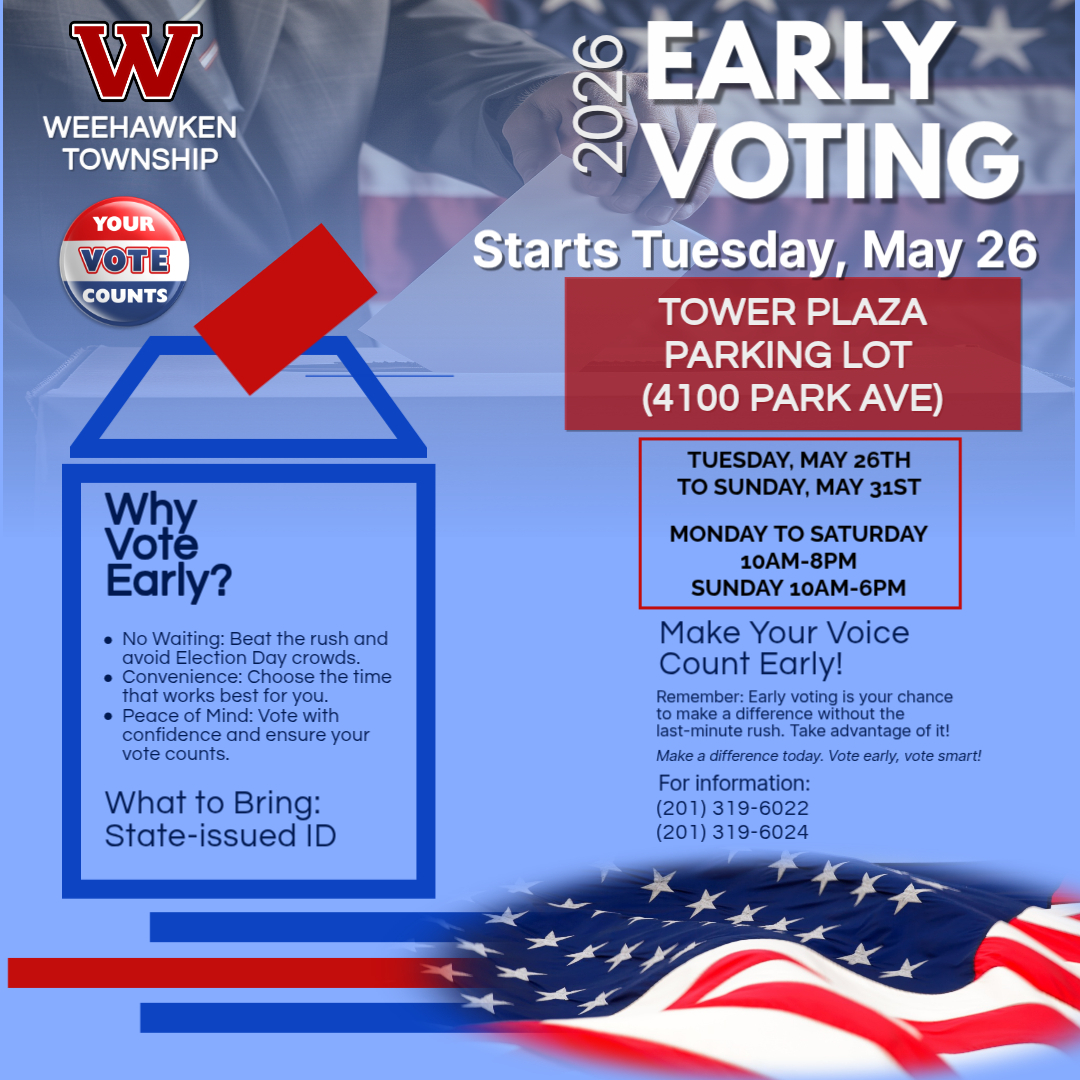 weehawkennj's tweet photo. Early Voting is on now through Sunday for the 2026 Primary Election. Hudson County voters may vote at the Tower Plaza Parking Lot, 4100 Park Ave in Weehawken, Tuesday to Saturday (10 am-8 pm) and Sunday (10 am-6 pm). https://t.co/Bzu2Uj3HPe