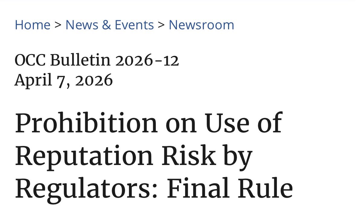 UnderSecPD's tweet photo. Critical step by @SecScottBessent.  “Reputational risk” for financial institutions used to mean a reputation for solvency, safety, and soundness — you don’t want a run on the bank.  But corporate “reputations” for ESG/DEI were later smuggled in, abetting debanking. No longer. https://t.co/noMxHNNhFb
