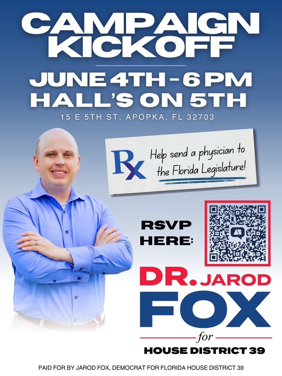 jdfoxmd's tweet photo. Campaign kickoff on June 4th at 6pm!

I’m running for the Florida House because Tallahassee is focused on political theater rather than actually solving problems for working families. Join us for an evening of inspiration on journey to flip this seat. 

https://t.co/BvmRbj7Jzx https://t.co/mS8Qrfhc7C