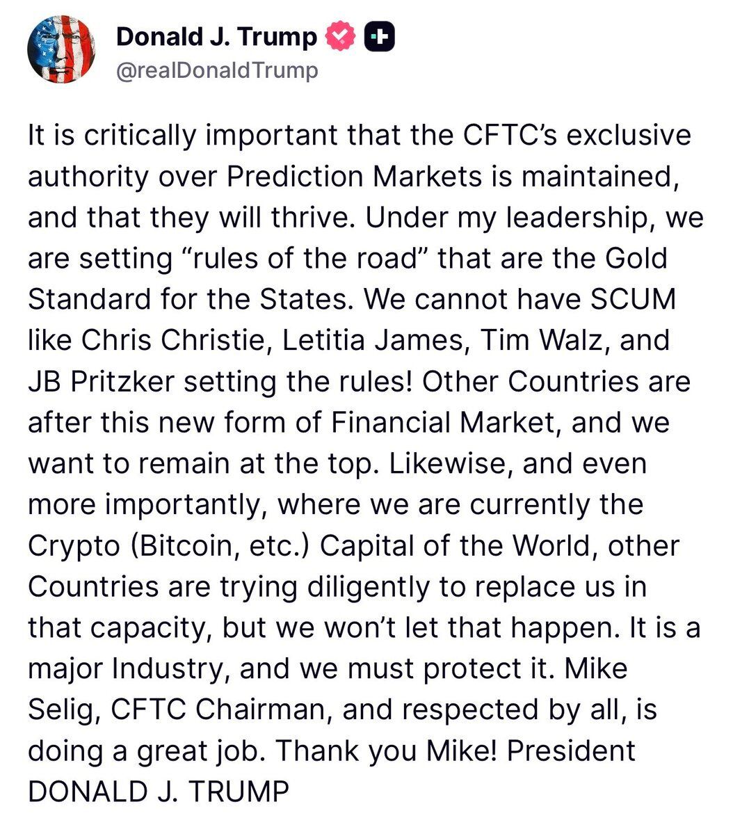 CryptosR_Us's tweet photo. 🚨🇺🇸 JUST IN: TRUMP SAYS AMERICA MUST PROTECT CRYPTO.

President Trump says America is the “Crypto (Bitcoin, etc.) Capital of the World” -- and he doesn’t want that changing.

With other countries “trying diligently to replace us,” his stance is that the U.S. needs to protect crypto as a major industry and stay on top.