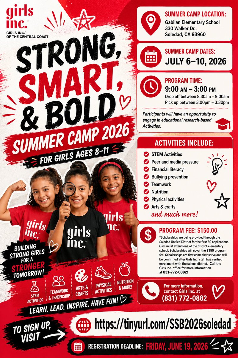 GirlsIncCC's tweet photo. We are excited to announce that the Strong, Smart &amp; Bold Summer Camp will be back in Soledad this summer 2026 for girls ages 8–11 from July 6–10, 2026!

Get ready for a week of fun, confidence‑building, and hands‑on learning!

🔗 Sign up now: https://t.co/AN1J4p4wCZ https://t.co/VGCInjaaGn