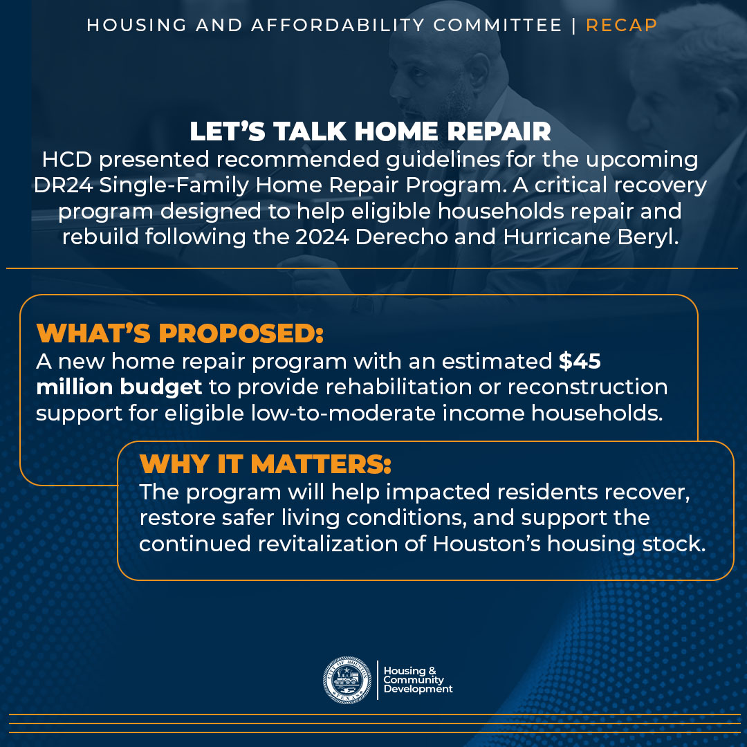 HoustonHCDD's tweet photo. At the Housing Affordability Committee meeting, HCD highlighted its progress in expanding homeownership and revitalizing Houston's housing, including the upcoming DR24 Home Repair Program. Learn more at https://t.co/GVr7gNCwKV. https://t.co/2iPG6LlUYe