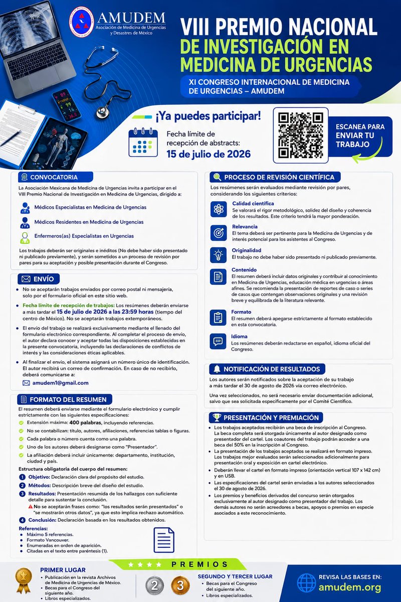 amudem's tweet photo. 🚨 ¡Participa en el VIII Premio Nacional de Investigación en Medicina de Urgencias!
📅 Límite: 15 julio 2026
#AMUDEM #MedicinaDeUrgencias #InvestigaciónMédica https://t.co/dDGe4ieFxU