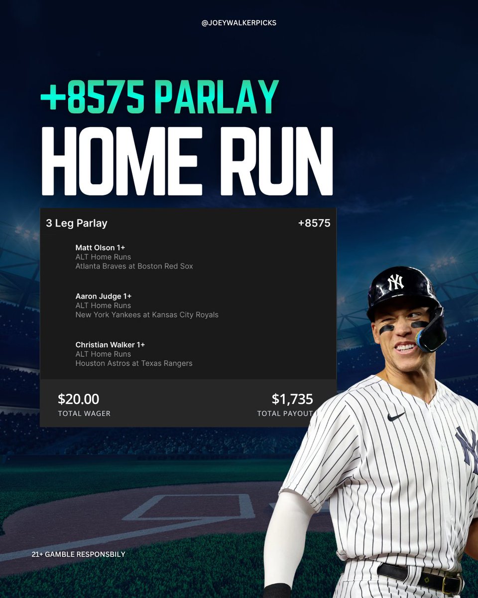 JoeyWalkerPicks's tweet photo. ⚾️ +8575 Dinger Tuesday!

→ A. Judge
→ C. Walker
→ M. Olson

Bet $20 on this &amp; Get $200 For FREE!

1⃣ Sign up: https://t.co/Jmk9TPQJOQ
2⃣ Bet $20 on this Home Run Parlay
🎁 Win or Lose Get $200 Bonus Bets

21+ Gamble Responsibly https://t.co/b5jADPRoBH