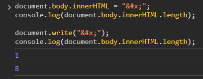 lbherrera_'s tweet photo. document.body.innerHTML = "&amp;#x;"; console.log(document.body.innerHTML.length);

document.write("&amp;#x;");
console.log(document.body.innerHTML.length);

🤔 https://t.co/2utkXEhlxH