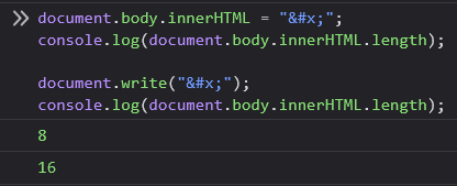 lbherrera_'s tweet photo. document.body.innerHTML = "&amp;#x;"; console.log(document.body.innerHTML.length);

document.write("&amp;#x;");
console.log(document.body.innerHTML.length);

🤔 https://t.co/2utkXEhlxH